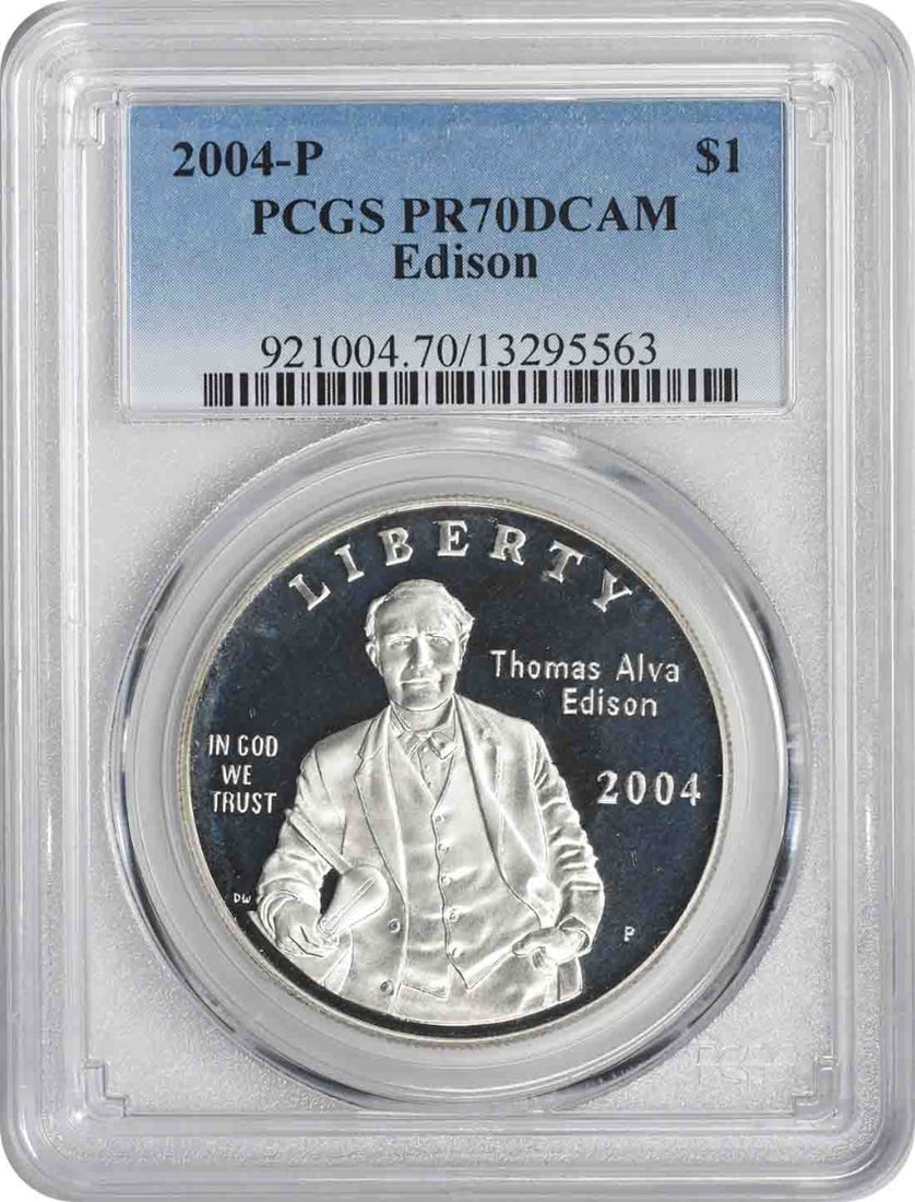 PCGS PR70DCAM 2004-P Edison Silver Commemorative Dollar: PCGS PR70DCAM 2004-P Edison Silver Commemorative Dollar This 2004-P Edison Silver Commemorative Dollar is a proof coin issued by the United States to honor Thomas Alva Edison. Struck in silver, it has
