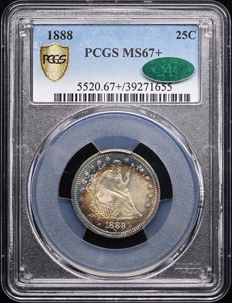 PCGS MS67+ CAC 1888 Liberty Seated Quarter 25C: PCGS MS67+ CAC 1888 Liberty Seated Quarter 25C 1888 Liberty Seated Quarter certified by PCGS and graded MS67+ with CAC designation. This pre-owned United States 25C coin is listed as uncirculated and 