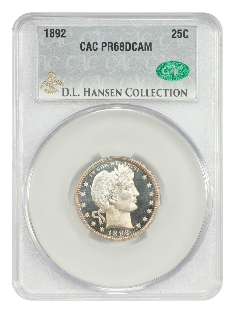 CACG PR68DCAM 1892 Barber Quarter ex D.L. Hansen Proof: CACG PR68DCAM 1892 Barber Quarter ex D.L. Hansen Proof 1892 Barber Quarter proof issue certified by CACG as PR68DCAM. This first-year proof issue features golden champagne toning, strong deep cameo co