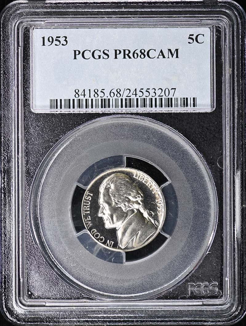 PCGS PR68CAM 1953 Philadelphia Jefferson Nickel Proof: PCGS PR68CAM 1953 Philadelphia Jefferson Nickel Proof This is a 1953 Jefferson Nickel from the United States, graded PR68CAM by PCGS. The coin is a proof strike and features the Cameo (CAM) designatio
