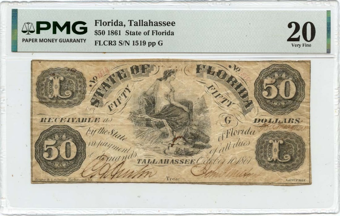 State of Florida 1861 Tallahassee Fifty Dollar Obsolete Currency PMG VF20: State of Florida 1861 Tallahassee Fifty Dollar Obsolete Currency PMG VF20 This is an 1861 $50 obsolete note issued by the State of Florida in Tallahassee. The note is certified by PMG with a grade of 