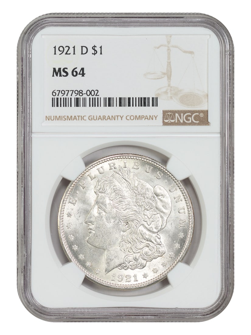 NGC MS64 1921-D Morgan Silver Dollar Denver Mint Final Issue: NGC MS64 1921-D Morgan Silver Dollar Denver Mint Final Issue 1921-D Morgan Dollar certified by NGC in MS64. This uncirculated coin is the final Denver Mint-issued Morgan silver dollar, struck as the U