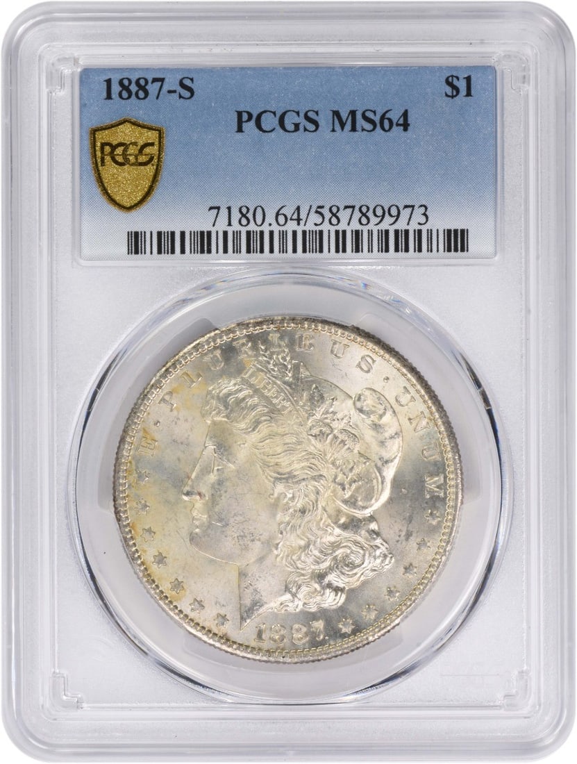 PCGS MS64 1887 San Francisco Morgan Dollar 90 Percent Silver: PCGS MS64 1887 San Francisco Morgan Dollar 90 Percent Silver This 1887-S Morgan Silver Dollar is graded MS64 by PCGS, indicating its uncirculated condition. Minted in San Francisco, the coin features 