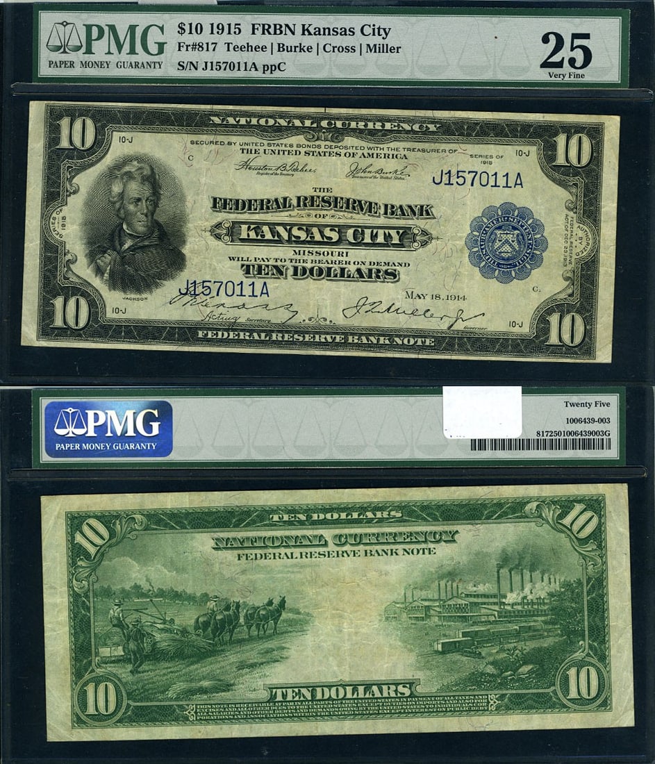 1915 $10 Kansas City Federal Reserve Note PMG VF25: 1915 $10 Kansas City Federal Reserve Note PMG VF25 This 1915 Federal Reserve Bank Note from Kansas City is graded PMG VF25, indicating its premium quality for a mid-grade circulated note. The $10 deno