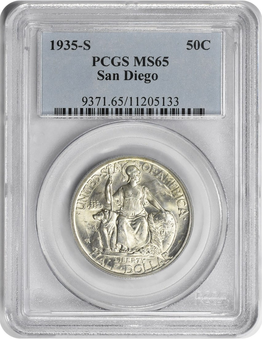 1935-S San Diego Commemorative Silver Half Dollar MS65 PCGS: 1935-S San Diego Commemorative Silver Half Dollar MS65 PCGS This stunning San Diego Commemorative Silver Half Dollar from 1935-S is graded MS65 by PCGS, ensuring its exceptional quality. It features a