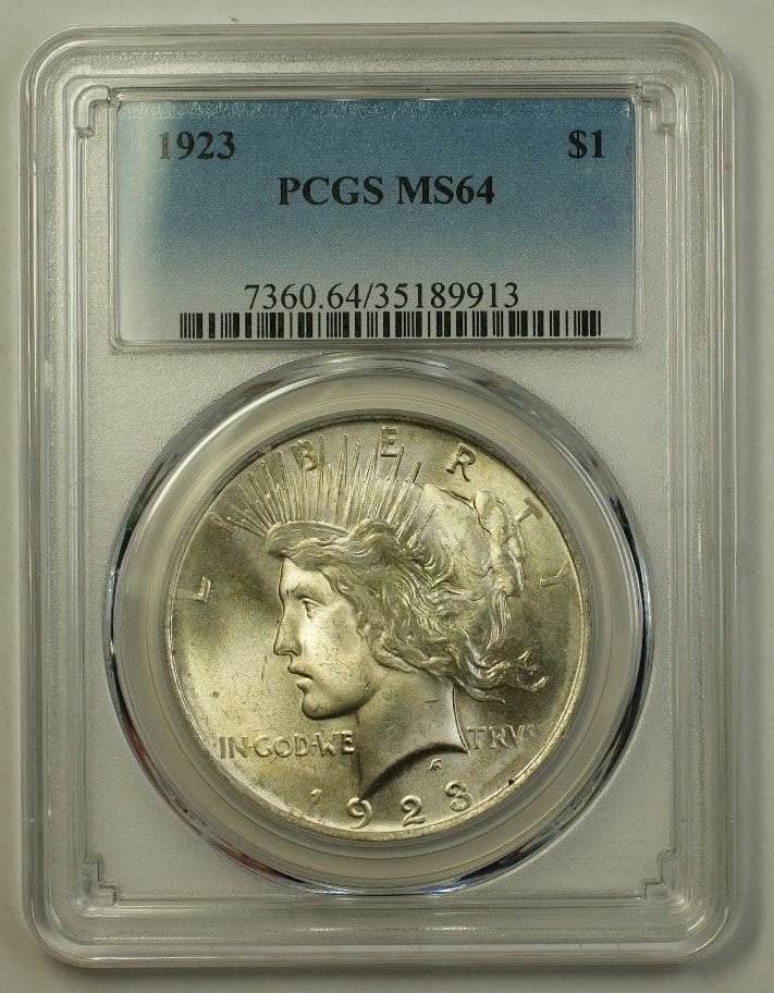 PCGS MS64 1923 Peace Dollar Silver Coin Philadelphia Mint: PCGS MS64 1923 Peace Dollar Silver Coin Philadelphia Mint This is a 1923 Peace Silver Dollar $1 coin from the United States, minted in Philadelphia. The coin is composed of silver and has been graded 