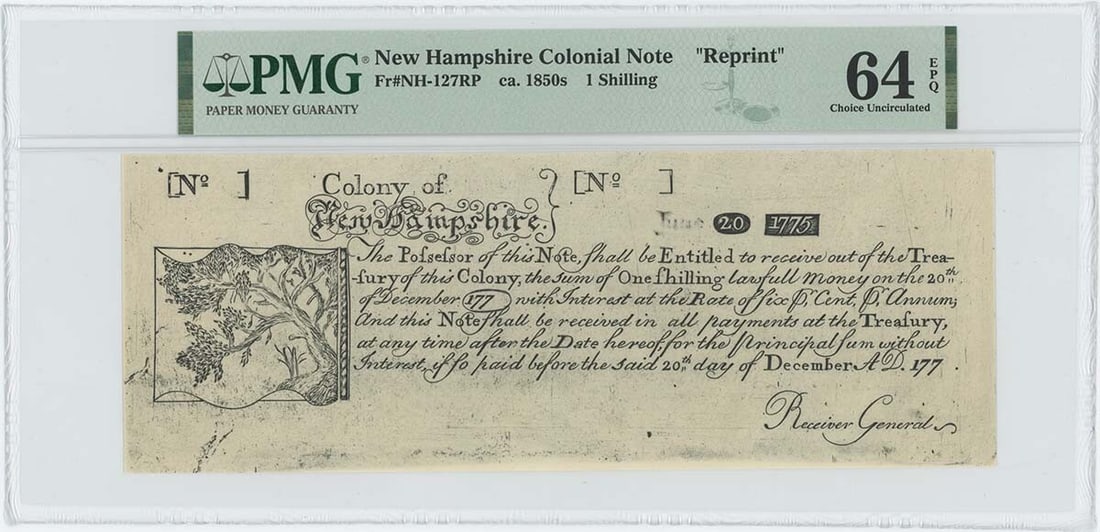 1775 New Hampshire 1 Shilling NH-127 PMG CU 64 EPQ Colonial Currency: 1775 New Hampshire 1 Shilling NH-127 PMG CU 64 EPQ Colonial Currency This is a stunning example of colonial currency, featuring the 1775 New Hampshire 1 Shilling, designated as NH-127. Graded PMG CU 6