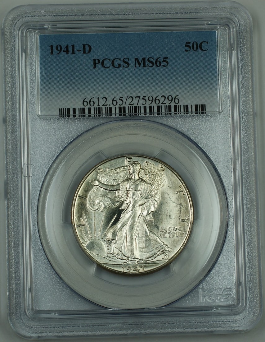 PCGS MS65 1941-D Walking Liberty Half Dollar New Holder: PCGS MS65 1941-D Walking Liberty Half Dollar New Holder This 1941-D Walking Liberty Silver Half Dollar is graded MS-65 by PCGS and comes encapsulated in a new holder. The coin is uncirculated and was 