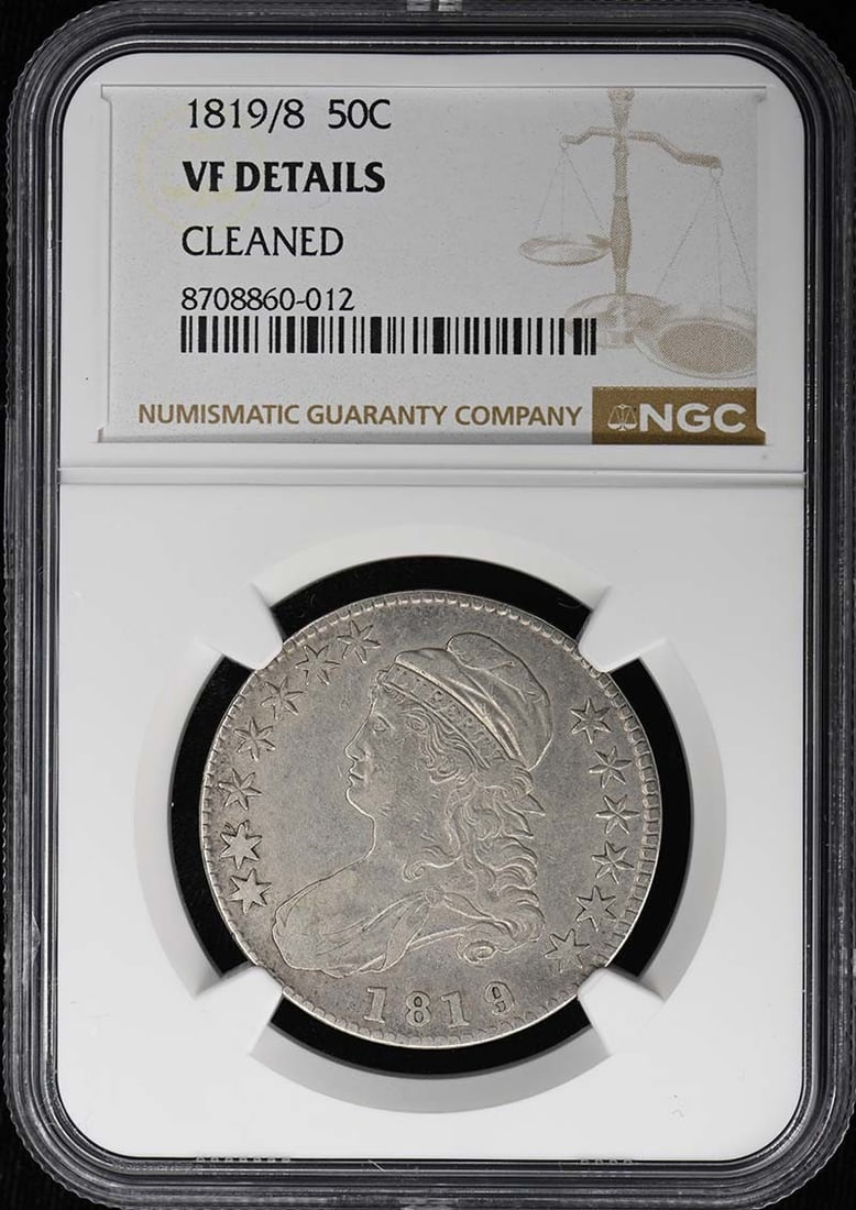 NGC VF Details 1819 8 Overdate Capped Bust Half Dollar 50C: NGC VF Details 1819 8 Overdate Capped Bust Half Dollar 50C 1819/8 Capped Bust Lettered Edge 50C half dollar certified by NGC with a VF Details grade. This pre-owned United States coin is a Capped Bust