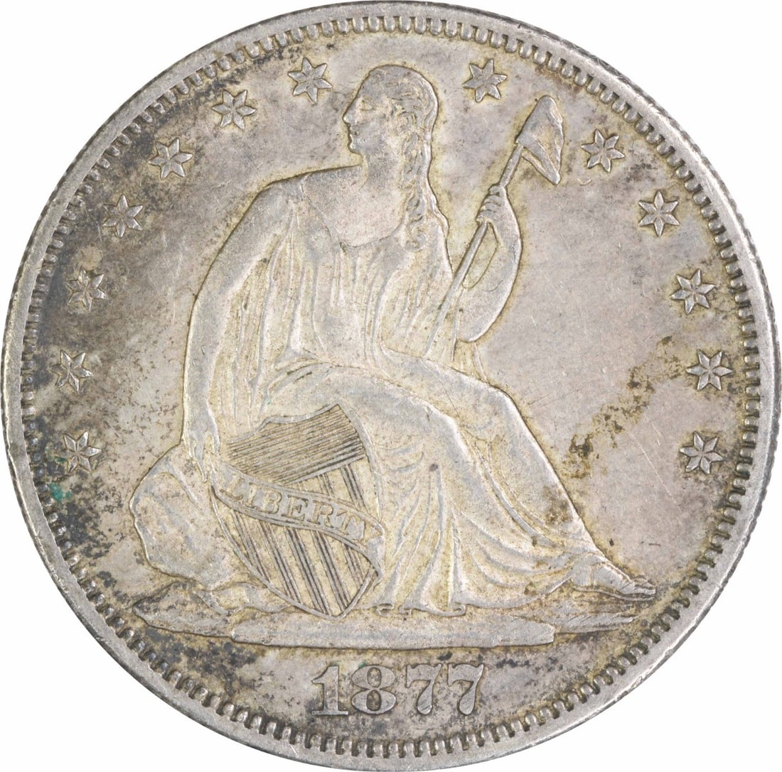 1877 S Seated Liberty 50C Silver Half Dollar AU Uncertified: 1877 S Seated Liberty 50C Silver Half Dollar AU Uncertified 1877-S Liberty Seated half dollar in AU grade. This uncertified, pre-owned coin is listed as circulated and features the Seated Liberty desi