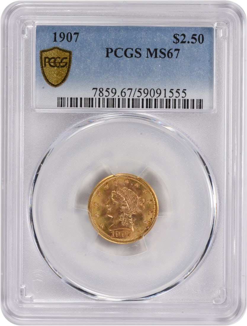 1907 $2.50 Gold Liberty Head Coin MS67 PCGS Uncirculated: 1907 $2.50 Gold Liberty Head Coin MS67 PCGS Uncirculated This 1907 $2.50 Gold Liberty Head coin, graded MS67 by PCGS, showcases exceptional quality and craftsmanship. With a striking design by Christi