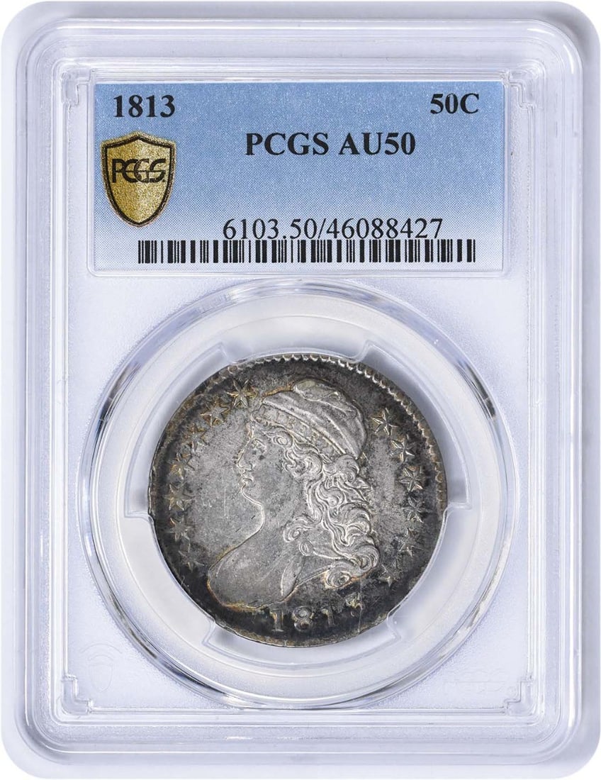 PCGS AU50 1813 Liberty Bust Half Dollar Silver Coin: PCGS AU50 1813 Liberty Bust Half Dollar Silver Coin This 1813 Capped Bust Silver Half Dollar is graded AU50 by PCGS and was struck at the Philadelphia Mint. Designed by John Reich, the coin is compose