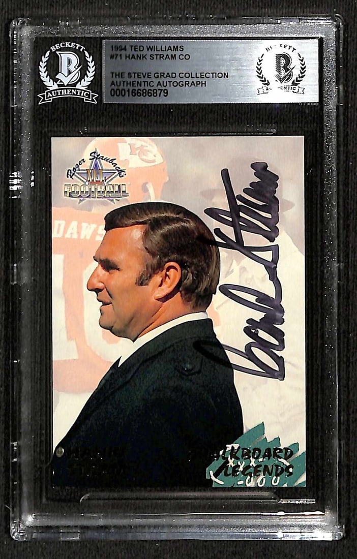 Hank Stram Signed 1994 Ted Williams #71 Card Beckett Authenticated: Hank Stram Signed 1994 Ted Williams #71 Card Beckett Authenticated This is an autographed 1994 Ted Williams #71 sports trading card, signed in black permanent marker by Hank Stram, a member of the Kan