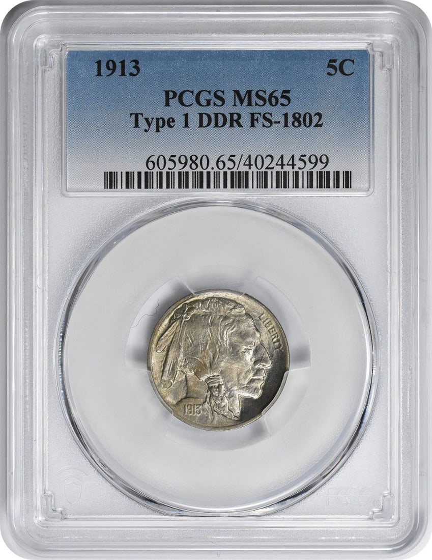 PCGS MS65 1913 Buffalo Nickel Type I DDR FS-1802: PCGS MS65 1913 Buffalo Nickel Type I DDR FS-1802 This 1913 Type I Buffalo Nickel features the DDR FS-1802 variety and has been graded MS65 by PCGS. Composed of nickel, this uncirculated coin is a nota