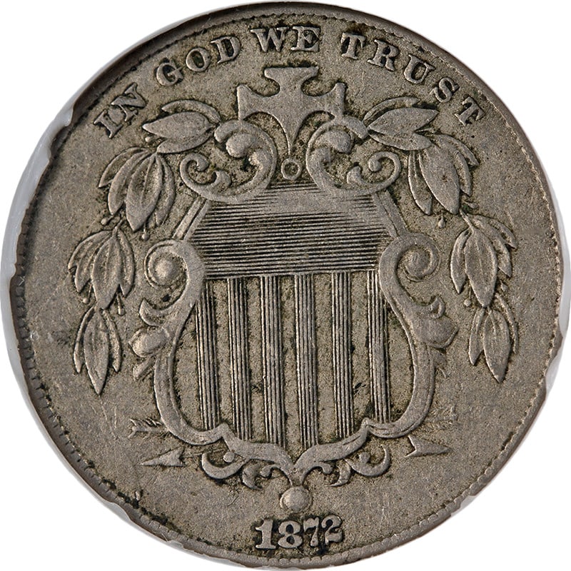 1872 United States Shield Nickel Very Fine Grade Uncertified: 1872 United States Shield Nickel Very Fine Grade Uncertified This original 1872 Shield Nickel is a circulated coin with very fine (VF) grade, featuring great eye appeal, a nice strike, and attractive 