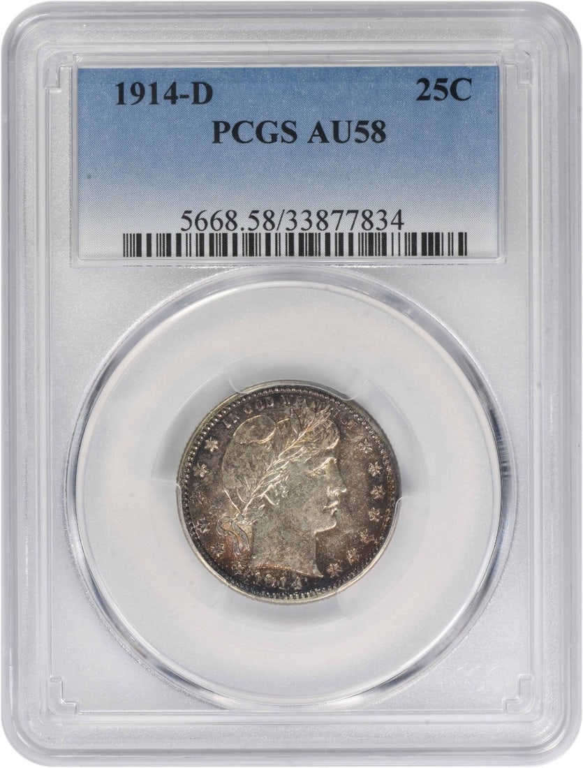 PCGS AU58 1914-D Barber 25C Silver Coin United States: PCGS AU58 1914-D Barber 25C Silver Coin United States This 1914-D Barber Silver Quarter is graded AU58 by PCGS, indicating an uncirculated condition with minimal wear. Minted in Denver, this coin feat