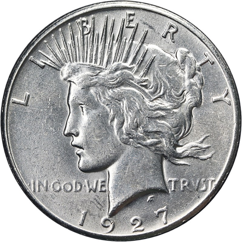 1927 P Silver Peace Dollar BU: 1927 P Silver Peace Dollar BU This 1927-P Peace Dollar is an uncirculated silver coin from the United States, featuring bright white luster and a strong strike. It is graded as Brilliant Uncirculated 