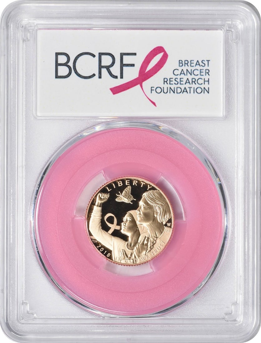 PCGS PR69DCAM 2018-W Breast Cancer Awareness $5 Gold Coin Pink Holder: PCGS PR69DCAM 2018-W Breast Cancer Awareness $5 Gold Coin Pink Holder This is a 2018-W Breast Cancer Awareness $5 gold commemorative coin, issued by the United States Mint. The coin is graded PR69 Dee