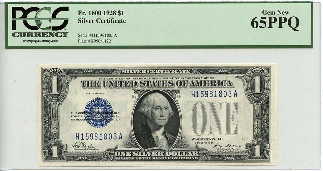 1928 $1 Silver Certificate Fr# 1600 PCGS GEM 65 Uncirculated: 1928 $1 Silver Certificate Fr# 1600 PCGS GEM 65 Uncirculated This 1928 $1 Silver Certificate (Fr# 1600) is a remarkable collectible, certified by PCGS Currency with a grade of MS65, ensuring its outst