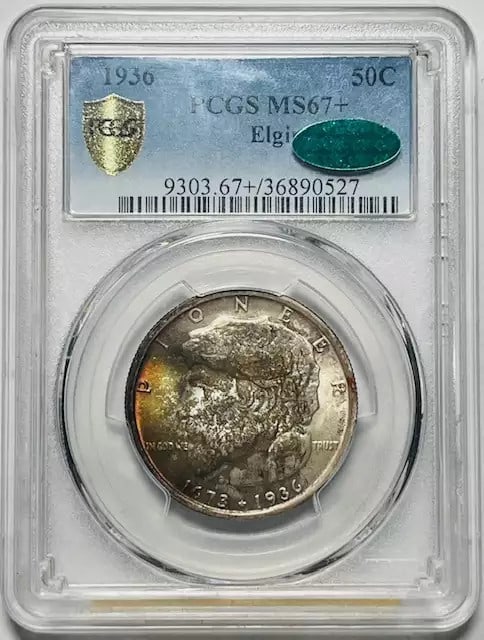 1936 P Elgin Illinois Commemorative Dollar PCGS MS-67+ CAC Certified: 1936 P Elgin Illinois Commemorative Dollar PCGS MS-67+ CAC Certified This 1936 P Classic Commemorative coin from Elgin, Illinois is a stunning example of numismatic artistry. Graded MS-67+ by PCGS and