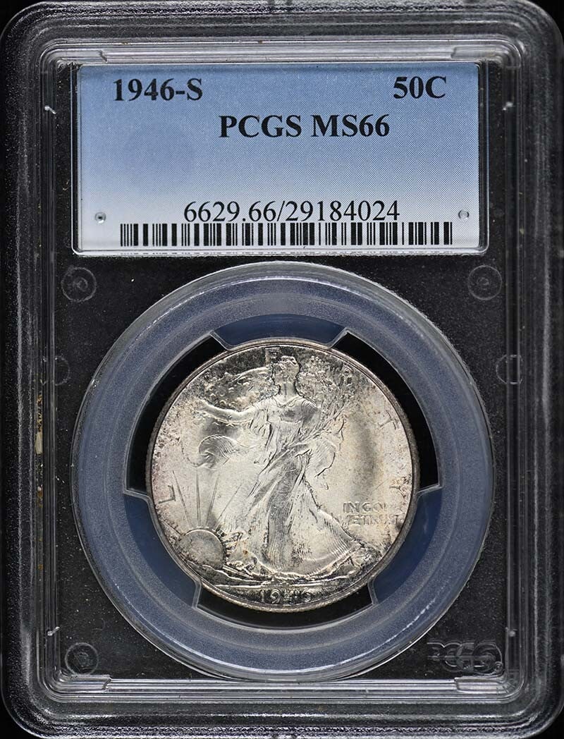 1946-S Walking Liberty Half Dollar PCGS MS66 Uncirculated: 1946-S Walking Liberty Half Dollar PCGS MS66 Uncirculated This 1946-S Walking Liberty Half Dollar features a pristine uncirculated condition with a high grade of MS66, certified by PCGS under certific