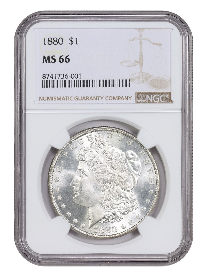 NGC MS66 1880 $1 Morgan Silver Dollar: NGC MS66 1880 $1 Morgan Silver Dollar 1880 Morgan Dollar certified by NGC in MS66. This uncirculated coin is described as frosty white with a deep, full strike, and prime focal areas free of distracti