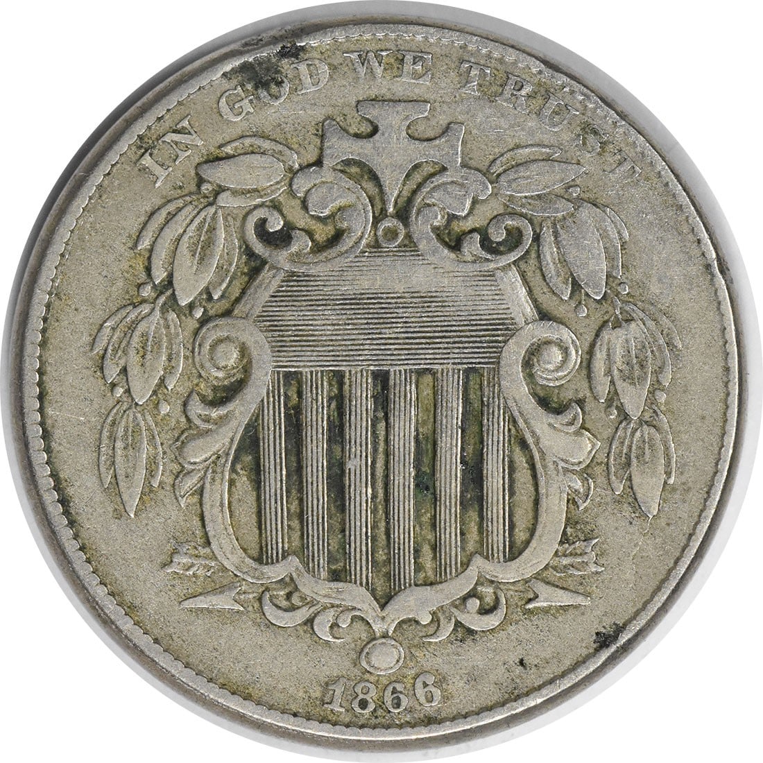 1866 5C Shield Nickel With Rays VF Uncertified: 1866 5C Shield Nickel With Rays VF Uncertified 1866 Shield Nickel 5C coin in VF grade and circulated condition. This uncertified United States coin features the Shield design and was struck in Philade
