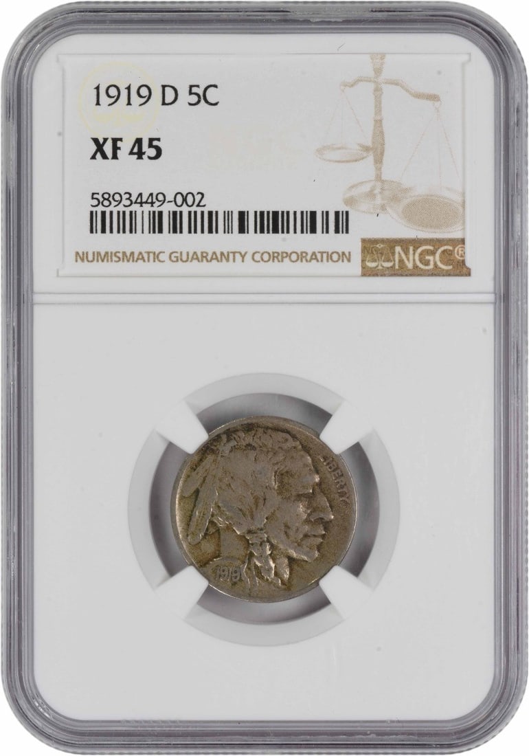 NGC Certified 1919 Denver Buffalo Nickel EF45 Graded Five Cent Coin: NGC Certified 1919 Denver Buffalo Nickel EF45 Graded Five Cent Coin This 1919-D Buffalo Nickel is a circulated coin graded EF45 by NGC. Minted in Denver, it features the iconic design by James Earle F
