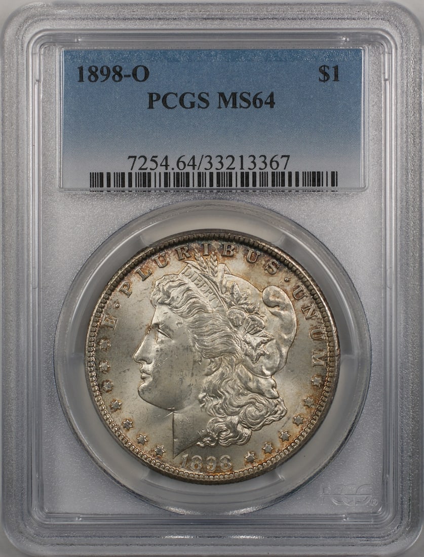 PCGS MS64 1898-O Morgan Silver Dollar: PCGS MS64 1898-O Morgan Silver Dollar This 1898-O Morgan Silver Dollar is a $1 coin certified by PCGS with a grade of MS 64. Minted in New Orleans, it features light toning and is composed of silver. 