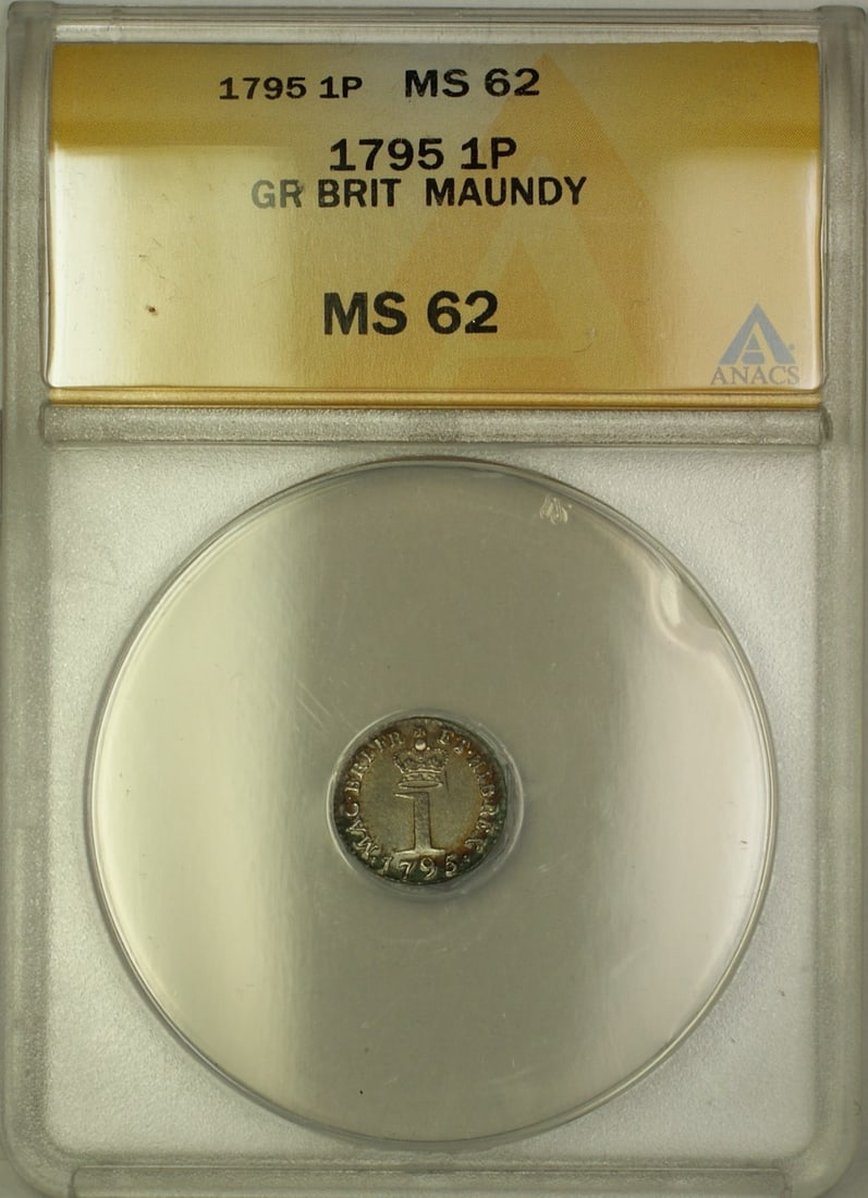 1795 United Kingdom Silver Maundy Penny ANACS MS 62 Certified Coin: 1795 United Kingdom Silver Maundy Penny ANACS MS 62 Certified Coin This is a 1795 Great Britain Maundy silver penny graded MS-62 by ANACS. The coin is uncirculated and composed of silver, originating 