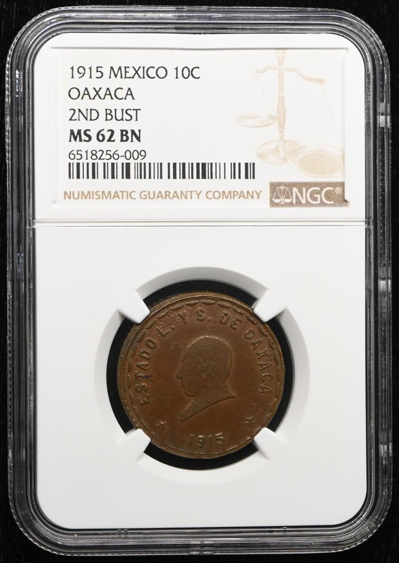 Mexico Oaxaca 1915 10 Centavos KM-722 NGC MS62BN Coin: Mexico Oaxaca 1915 10 Centavos KM-722 NGC MS62BN Coin 1915 Mexico Oaxaca 10 centavos coin certified by NGC and graded MS62BN. This pre-owned example is listed as uncirculated. Specifications Country o