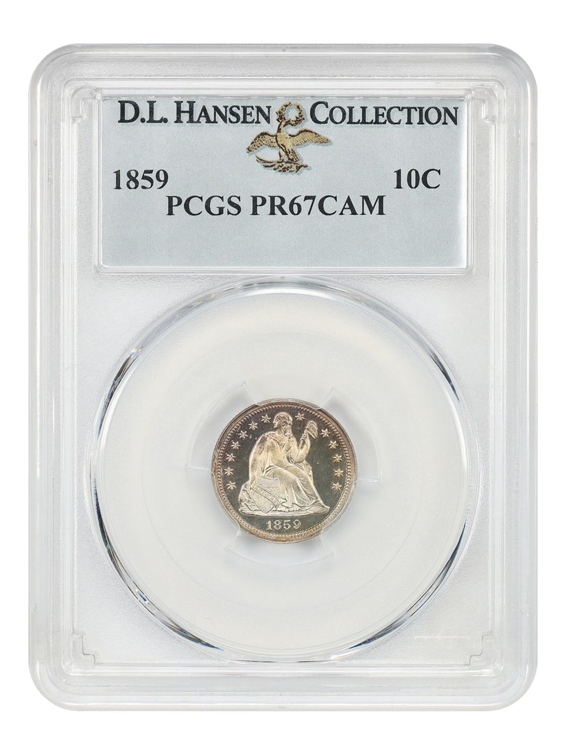 1859 Liberty Seated Dime 10C PCGS PR67CAM ex D.L. Hansen: 1859 Liberty Seated Dime 10C PCGS PR67CAM ex D.L. Hansen 1859 Liberty Seated Dime certified by PCGS as PR67CAM. From a proof mintage of 800 struck, this example is noted as ex: D.L. Hansen. The origin