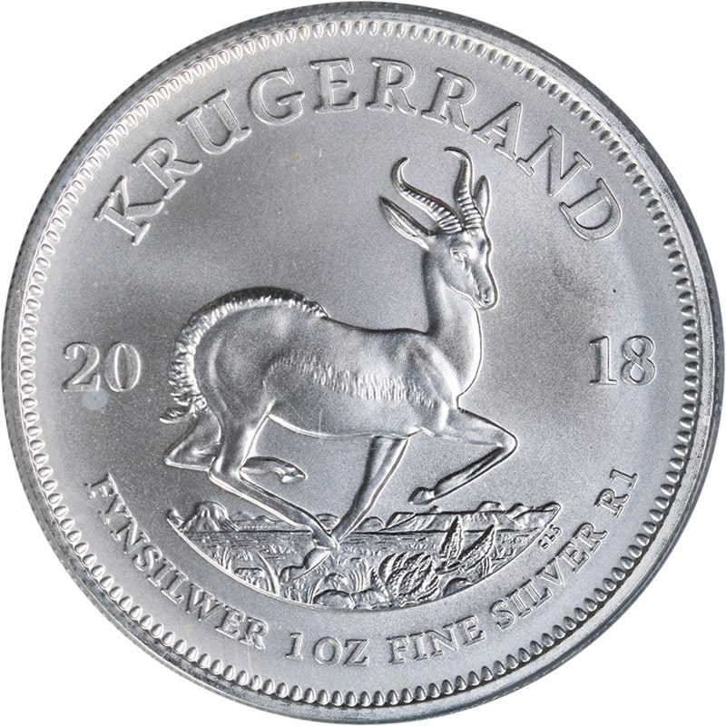 PCGS MS70 First Strike 2018 South Africa 1 oz Silver Krugerrand Coin: PCGS MS70 First Strike 2018 South Africa 1 oz Silver Krugerrand Coin This 2018 South Africa 1 Ounce Silver Krugerrand is graded PCGS MS70 First Strike, indicating a perfect condition with superb eye a