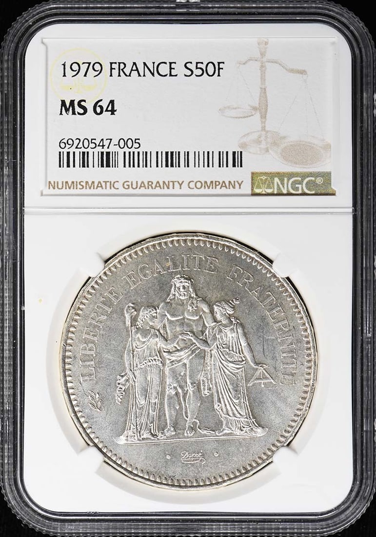 France 1979 50 Francs Coin NGC MS64: France 1979 50 Francs Coin NGC MS64 1979 France S50F coin certified by NGC and graded MS64. This uncirculated pre-owned piece is identified by certification number 6920547005. Specifications Item Type