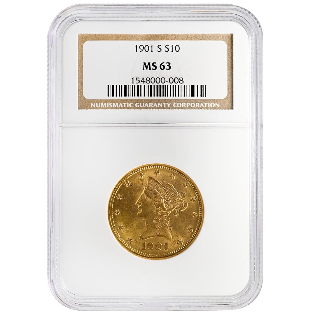 NGC MS63 1901-S Liberty Head $10 Gold Coin: NGC MS63 1901-S Liberty Head $10 Gold Coin 1901-S $10 Liberty Head gold coin graded NGC MS63. This pre-owned United States coin is a Type 3 With Motto issue and comes in an older NGC holder. Specifica