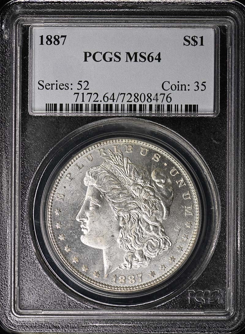 PCGS MS64 1887 Morgan Silver Dollar Uncirculated Philadelphia Mint: PCGS MS64 1887 Morgan Silver Dollar Uncirculated Philadelphia Mint This 1887 Morgan Dollar is graded MS64 by PCGS. The coin is uncirculated and was minted in Philadelphia. It is a pre-owned collectibl