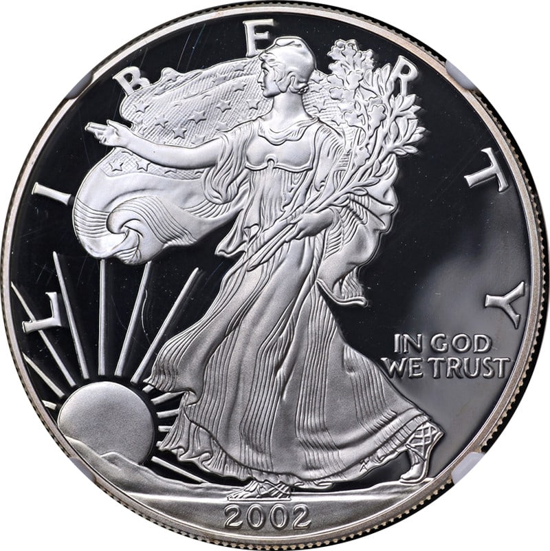 2002-W Silver American Eagle $1 NGC PF69 Ultra Cameo Error Coin: 2002-W Silver American Eagle $1 NGC PF69 Ultra Cameo Error Coin This 2002-W Silver American Eagle $1 coin is certified by NGC as PF69 Ultra Cameo and features a notable error with an obverse struck th