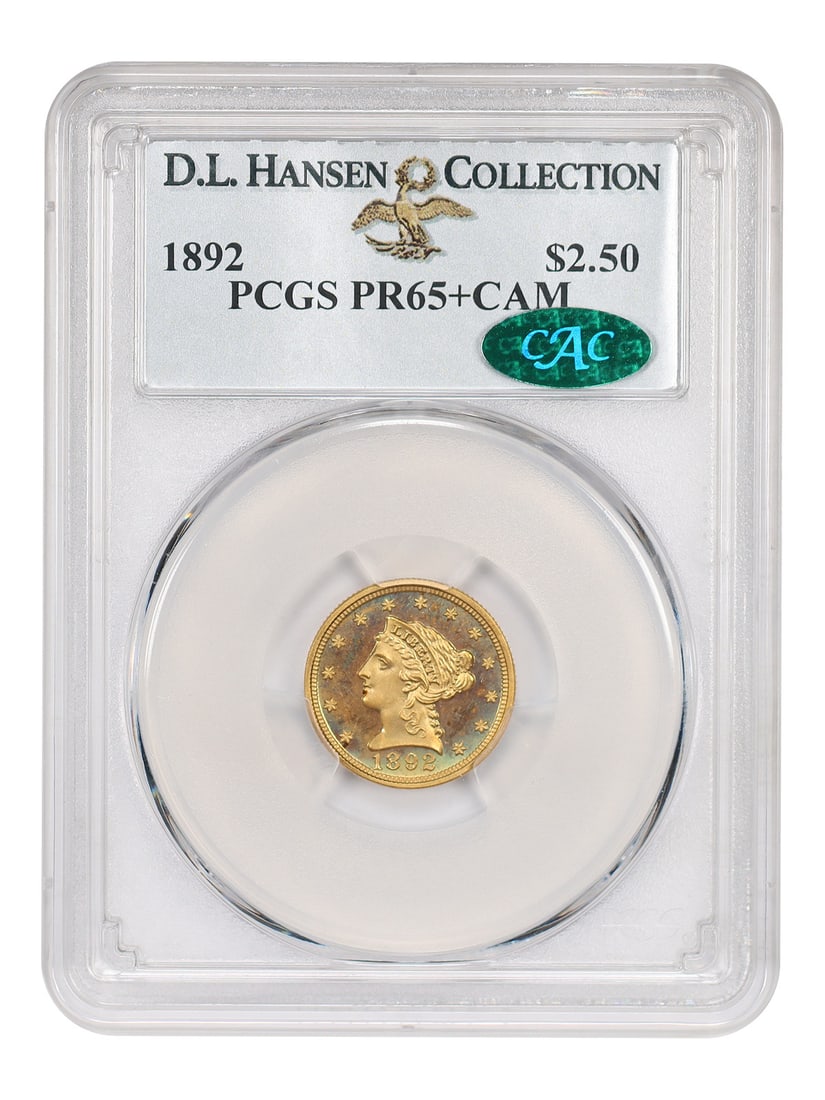1892 Liberty Head $2.50 Proof PCGS PR65+CAM: 1892 Liberty Head $2.50 Proof PCGS PR65+CAM This 1892 Liberty Head $2.50 proof coin is certified by PCGS and graded PR65+CAM, with CAC approval and ex: D.L. Hansen provenance noted in the title. It is