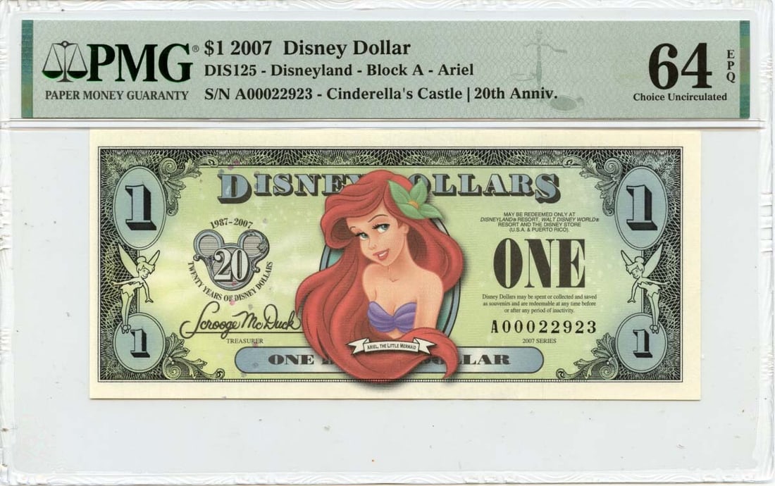 Disney Ariel Cinderella Castle $1 Note 20th Anniversary PMG CH64 EPQ 2007 (1 of 2)