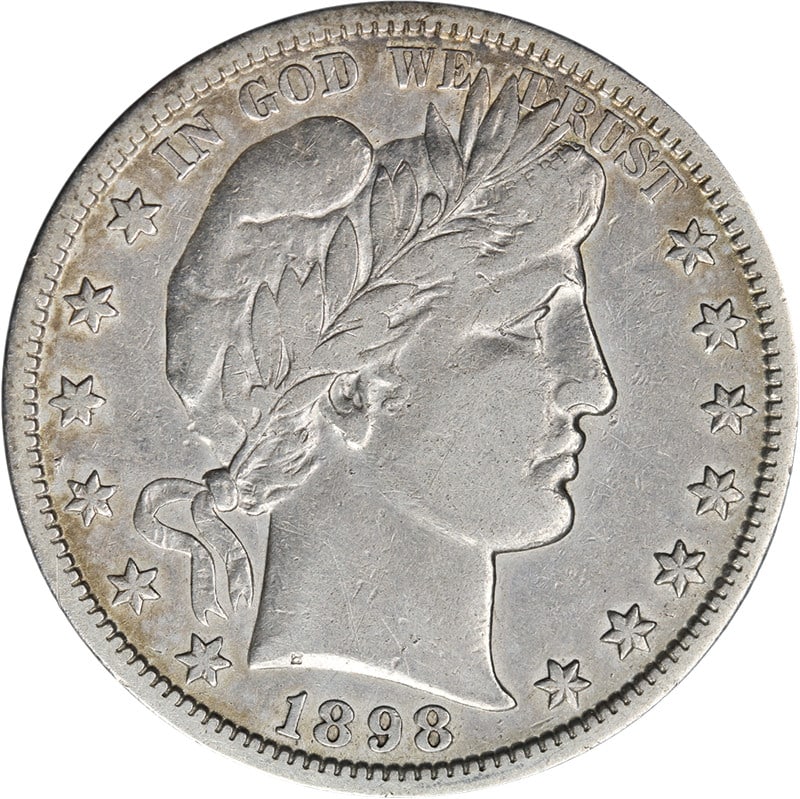 1898 S Barber Half Dollar Silver Coin VF XF: 1898 S Barber Half Dollar Silver Coin VF XF 1898-S Barber Half Dollar with nice eye appeal, a nice strike, and attractive color and surfaces. This circulated coin is listed as Nice VF/XF and remains u