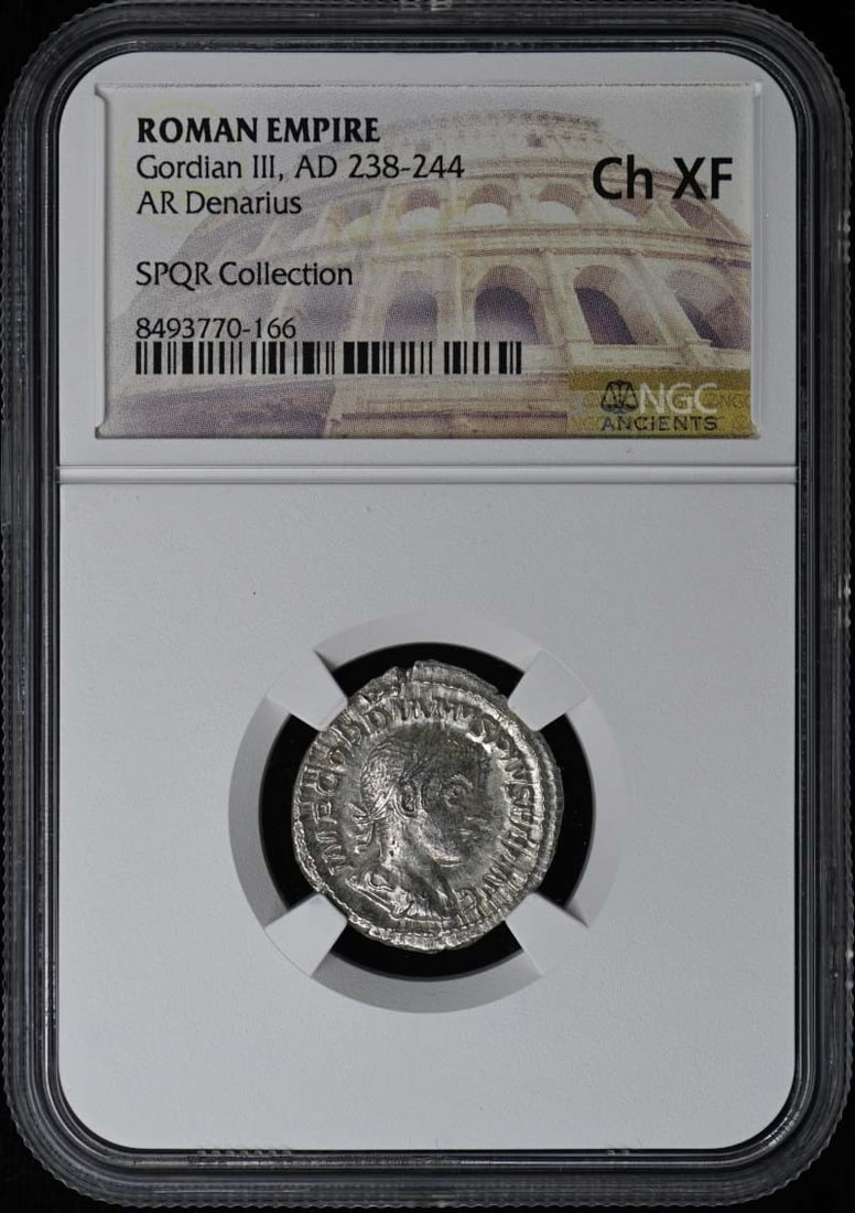 AR Denarius Coin of Gordian III NGC Certified XF45: AR Denarius Coin of Gordian III NGC Certified XF45 This Roman Empire AR Denarius from the reign of Gordian III (AD 238-244) is graded Choice Extremely Fine (XF) and certified by NGC. Originating from 