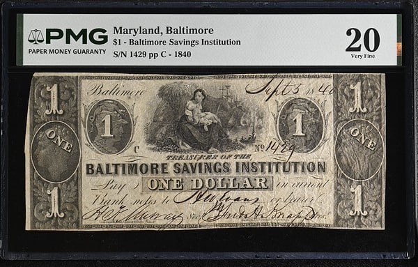PMG VF20 Baltimore Savings Institution $1 Obsolete Bank Note (1 of 2)