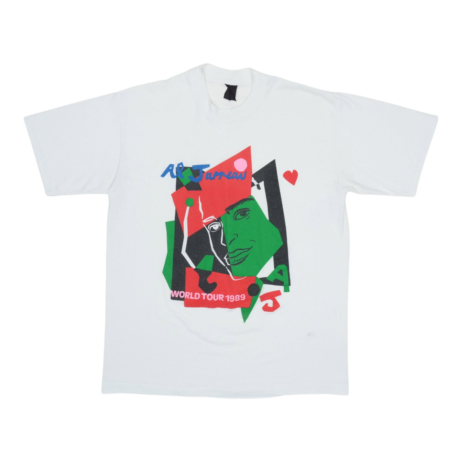 Vintage 1989 Al Jarreau Tour T-Shirt White Poly Cotton XL: Vintage 1989 Al Jarreau Tour T-Shirt White Poly Cotton XL This is an original vintage 1989 Al Jarreau World Tour shirt featuring graphics on both the front and back. The shirt is made from a 50/50 pol