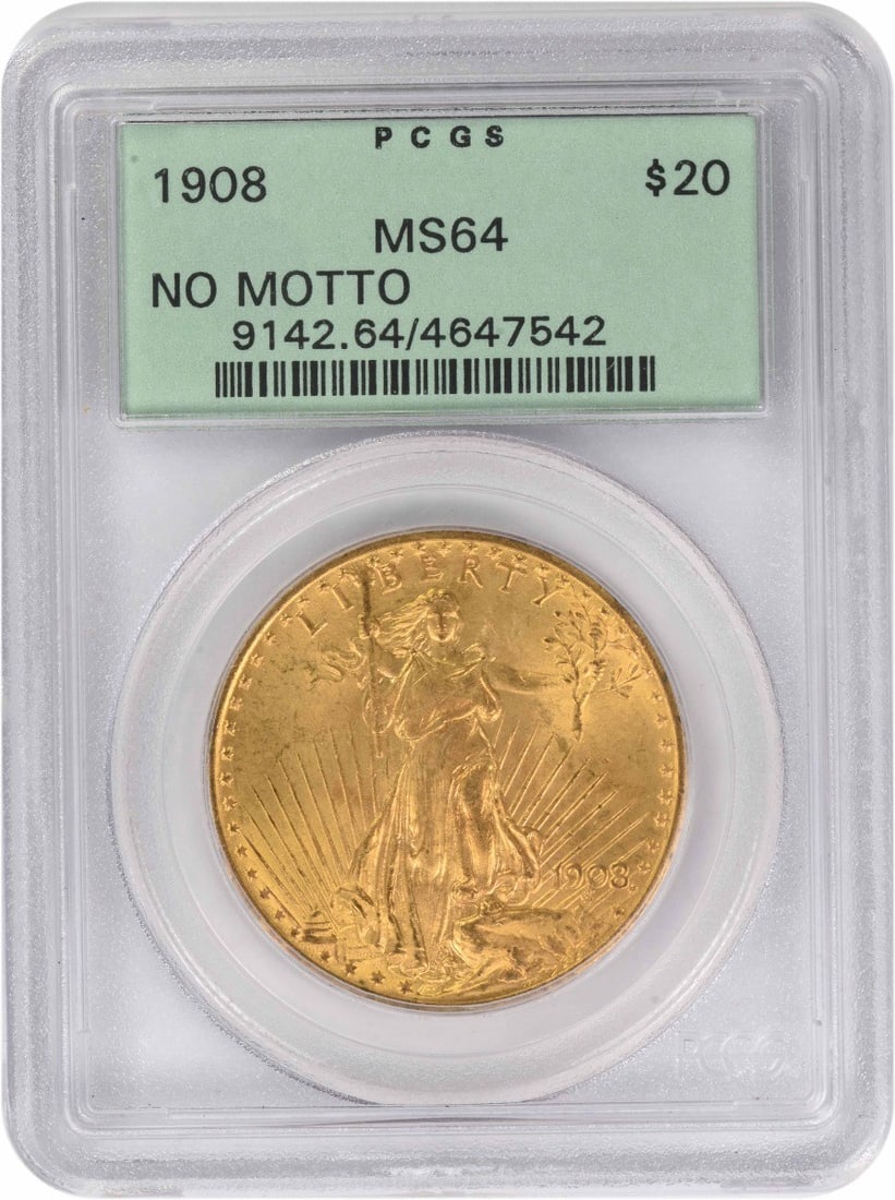 1908 Saint Gaudens $20 Gold Coin MS64 Graded by PCGS: 1908 Saint Gaudens $20 Gold Coin MS64 Graded by PCGS This 1908 $20 Gold St. Gaudens coin features the 'No Motto' design and is graded MS64 by PCGS. Struck at the Philadelphia Mint, it is composed of 9