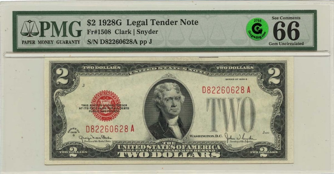 PMG 66 EPQ 1928G $2 United States Legal Tender Note FR 1508: PMG 66 EPQ 1928G $2 United States Legal Tender Note FR 1508 1928G $2 Legal Tender Note, Friedberg #1508, graded PMG Gem 66 EPQ. This pre-owned United States note is an uncirculated example of a 1928 i