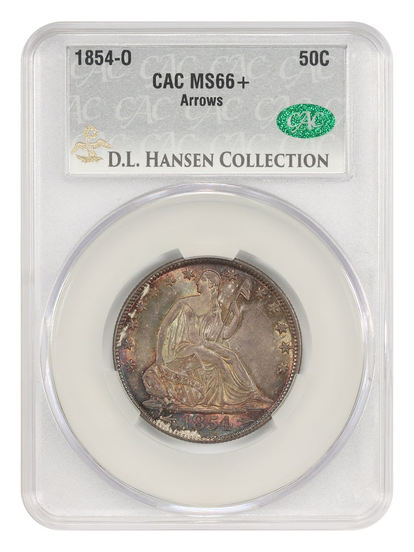 1854-O Liberty Seated Half Dollar 50C MS66+ CACG Arrows ex D.L. Hansen: 1854-O Liberty Seated Half Dollar 50C MS66+ CACG Arrows ex D.L. Hansen 1854-O Liberty Seated Half Dollar, 50C, graded MS66+ by CACG. This New Orleans issue is noted as the only MS66+ graded example, w