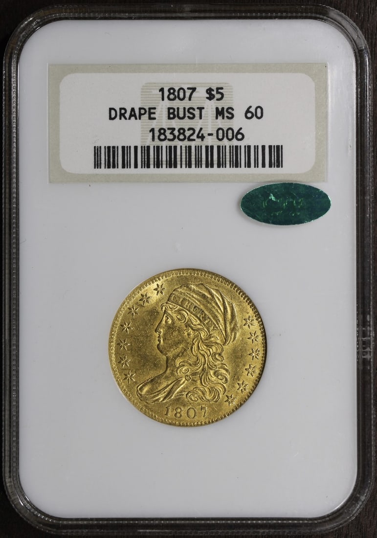 1807 Draped Bust $5 Half Eagle Gold Coin NGC MS60 CAC: 1807 Draped Bust $5 Half Eagle Gold Coin NGC MS60 CAC 1807 Draped Bust Half Eagle $5 certified by NGC with a numerical grade of 60 and CAC designation. This pre-1933 United States gold coin is from th