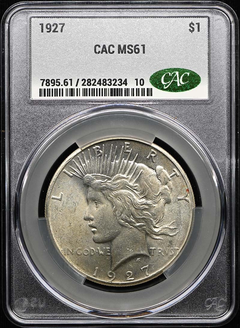 CACG MS61 1927 United States Peace Dollar $1 Coin: CACG MS61 1927 United States Peace Dollar $1 Coin 1927 Peace Dollar certified by CACG and graded MS61. This pre-owned coin is an uncirculated example of the United States $1 Peace Dollar. Specificatio