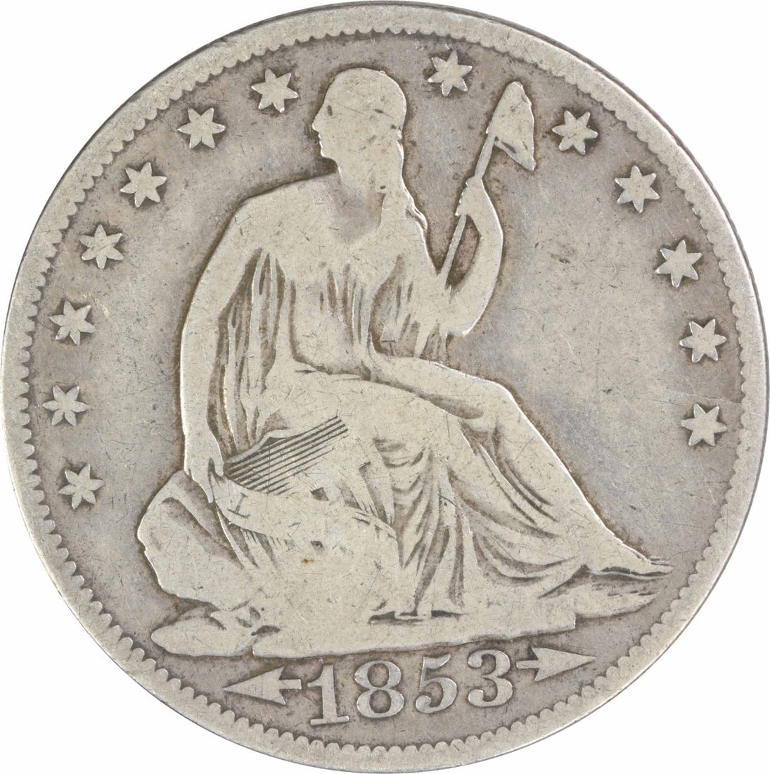 1853 O Seated Liberty 50C Silver Half Dollar VG Uncertified: 1853 O Seated Liberty 50C Silver Half Dollar VG Uncertified 1853-O Liberty Seated silver half dollar with Arrows and Rays design. This circulated, uncertified United States 50C coin is a pre-owned exa