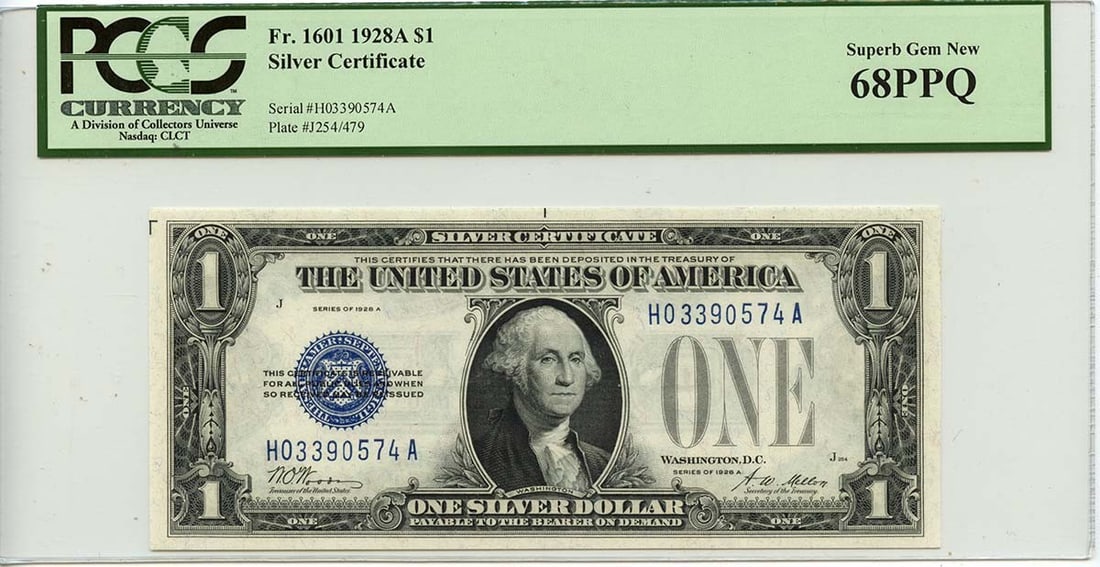 1928A $1 Silver Certificate Fr# 1601 PCGS Superb Gem 68 PPQ: 1928A $1 Silver Certificate Fr# 1601 PCGS Superb Gem 68 PPQ This 1928A $1 Silver Certificate, designated as Type 1601, showcases a stunning blue design featuring Woods and Mellon. Graded by PCGS as a 